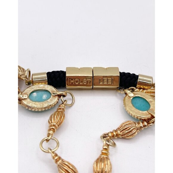 Signed Holst + Lee Gold Tone Turquoise Blue Cabochon Y Drop Necklace Statement - Picture 6 of 9
